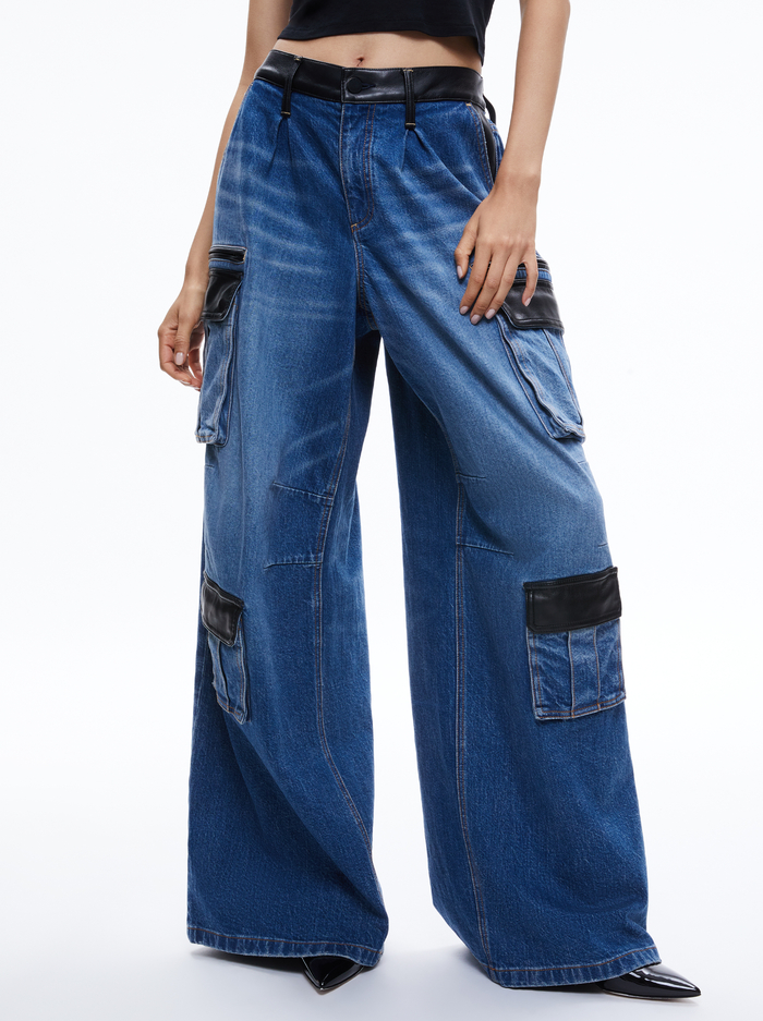 JOETTE COMBINATION VEGAN LEATHER CARGO JEAN - BROOKLYN BLUE - Alice And Olivia