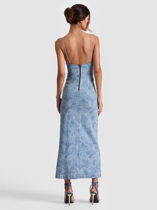 LASER PAISLEY-JULIETTA DENIM MIDI DRESS