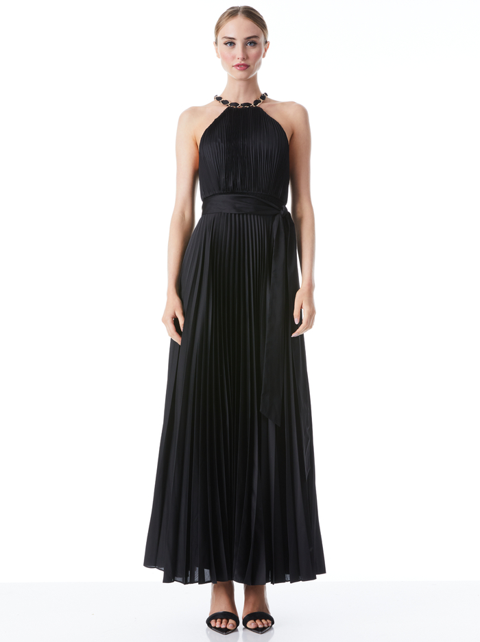 ALYCIA CHAIN NECK BELTED MAXI DRESS - BLACK - Alice And Olivia