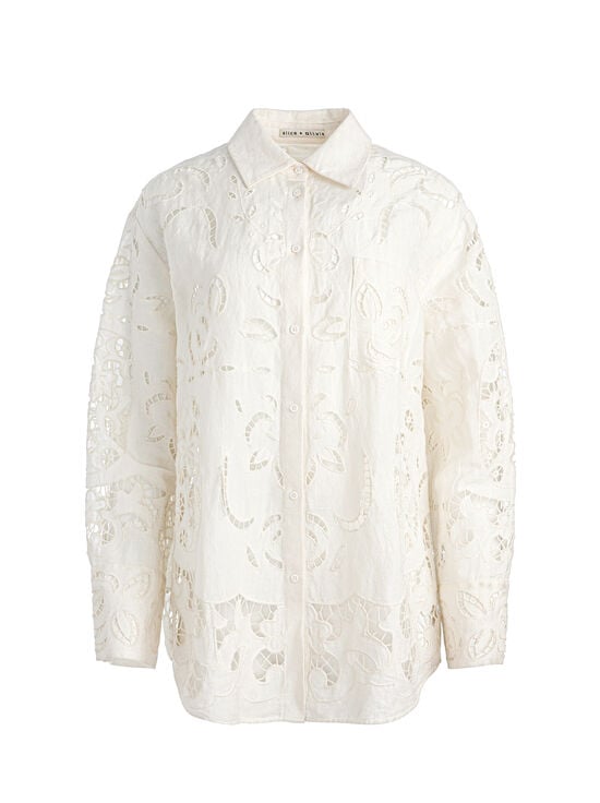 OFF WHITE-FINELY EYELET OVERSIZED BUTTON DOWN