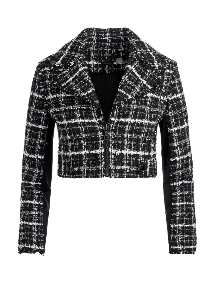 YARDLEY CROPPED FRAY HEM JACKET - BLACK/OFF WHITE image 5 - Alice And Olivia