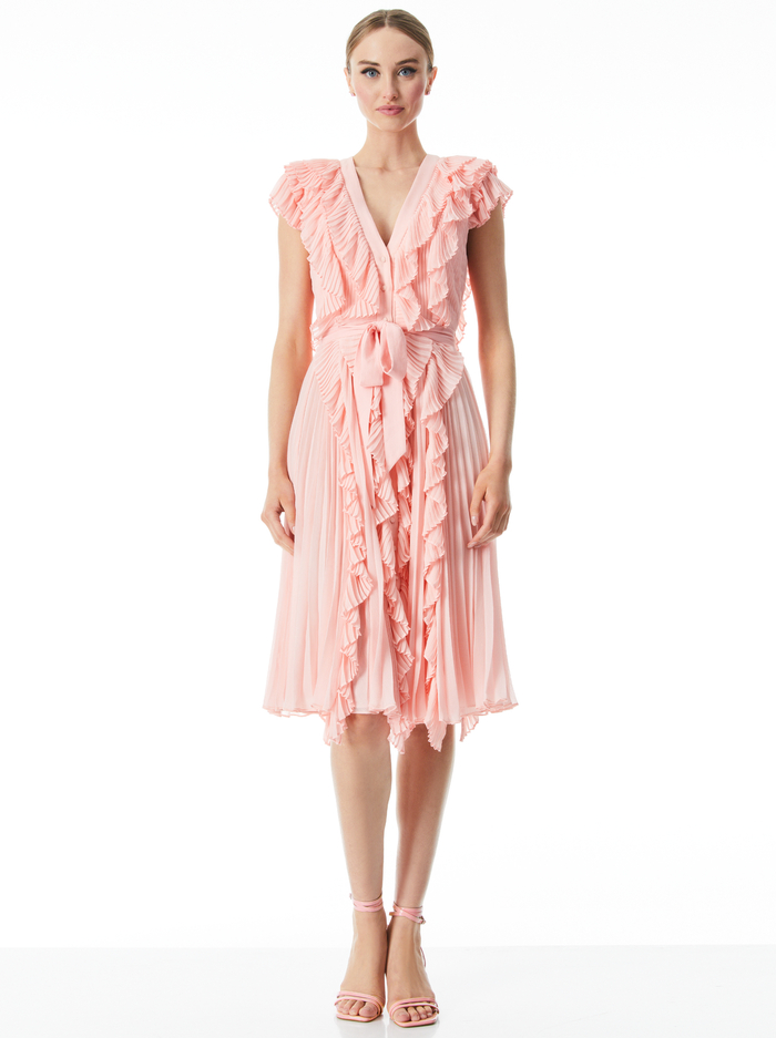 ANALISE PLEATED RUFFLE MIDI DRESS - ENGLISH ROSE - Alice And Olivia