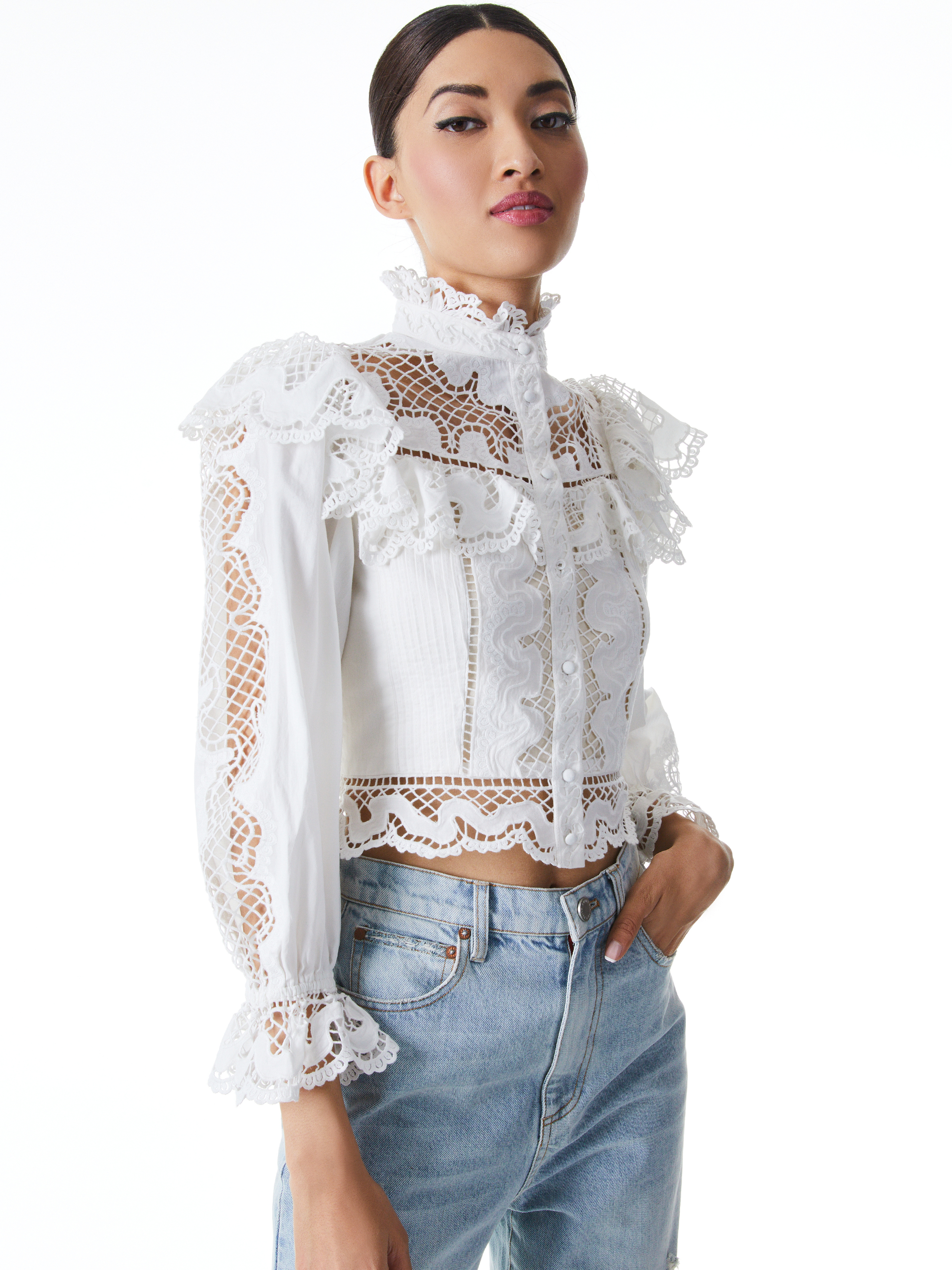 Marlo Eyelet Ruffle Blouse In Off White | Alice + Olivia