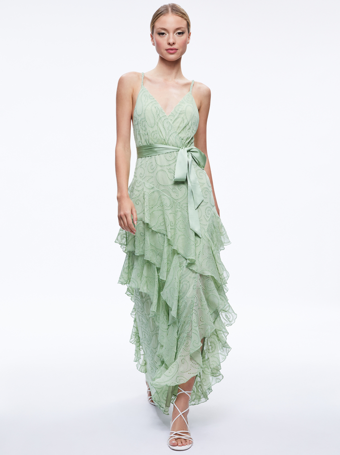 EMELIA V-NECK EYELET RUFFLE MAXI DRESS - GREEN TEA image 4 - Alice And Olivia