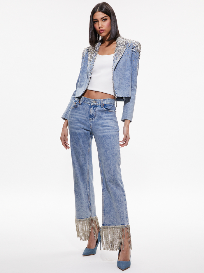 IVAN CRYSTAL EMBELLISHED CROPPED DENIM BLAZER - LIGHTNING BLUE image 2 - Alice And Olivia