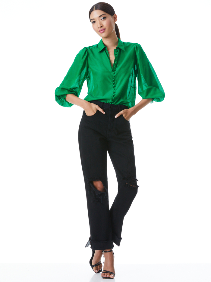 JOEY BUTTON FRONT BLOUSE - DARK EMERALD image 4 - Alice And Olivia