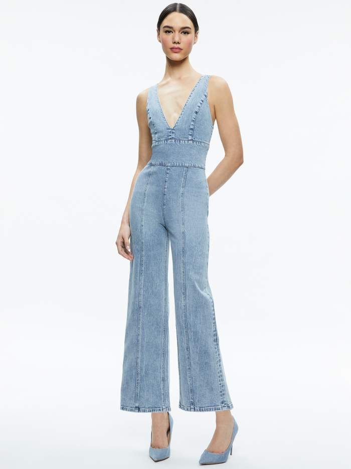 SANDRA DEEP V NECK JUMPSUIT - SULLIVAN VINTAGE BLUE image 4 - Alice And Olivia