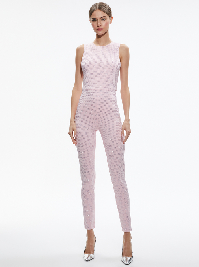 FREDDIE CREWNECK EMBELLISHED CATSUIT - PETAL/SILVER - Alice And Olivia