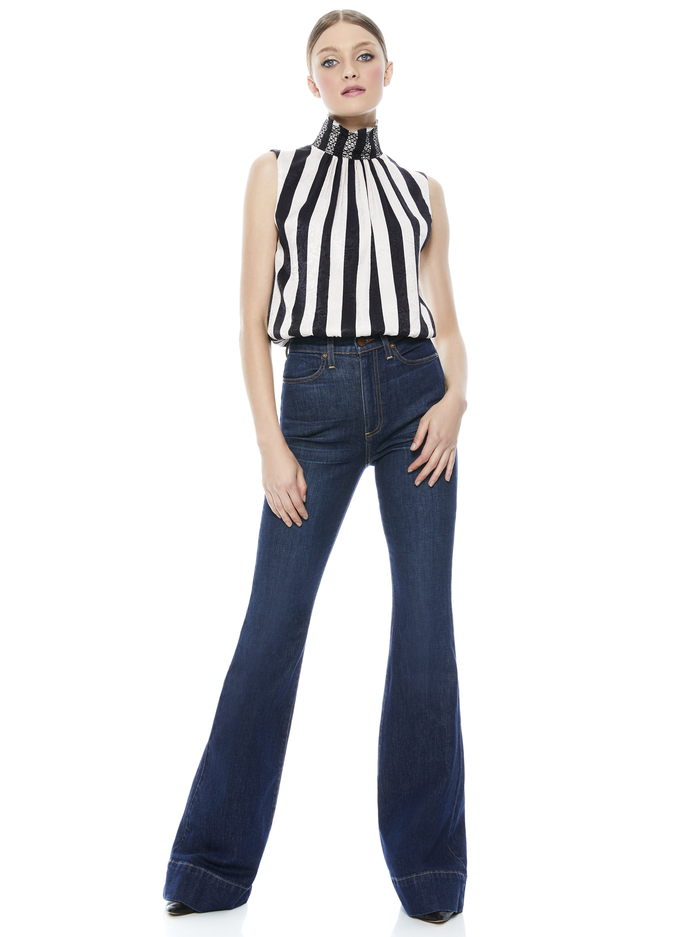 TRUDY SMOCKED NECK BLOUSE - EMPIRE STRIPE BLACK image 5 - ALICE + OLIVIA