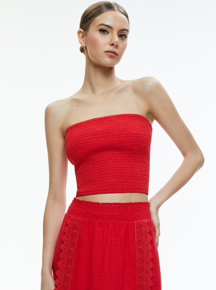 PENELOPE SMOCKED STRAPLESS CROP TOP - BRIGHT RUBY - Alice And Olivia