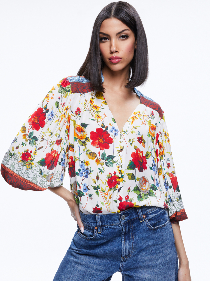 SERENA BUTTON FRONT BLOUSON SLEEVE TOP - DEW FLORAL - Alice And Olivia