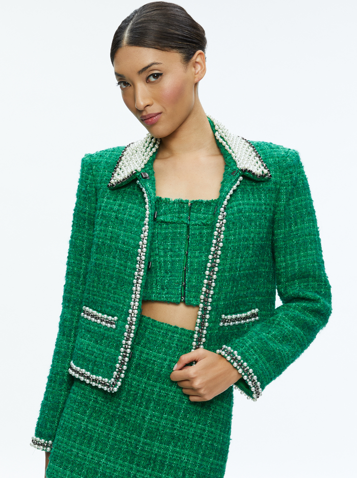 KIDMAN PEARL EMBELLISHED COLLARED JACKET - LIGHT EMERALD - Alice And Olivia