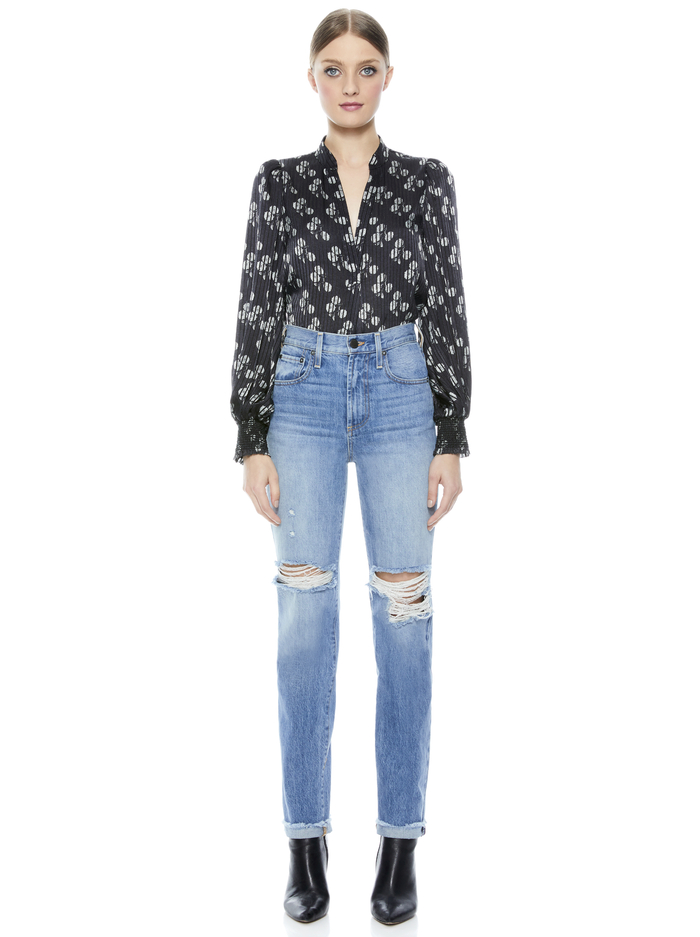 SHEILA FLORAL HENLEY TOP - SWEETHEART BLACK/CREAM image 4 - Alice And Olivia