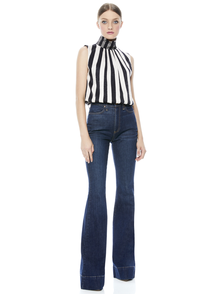 TRUDY SMOCKED NECK BLOUSE - EMPIRE STRIPE BLACK image 4 - ALICE + OLIVIA