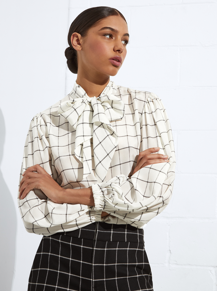 MALLIE TIE NECK BLOUSE - STARDUST WINDOWPANE OFF WHITE image 6 - ALICE + OLIVIA