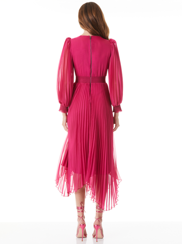 SION SUNBURST PLEATED SMOCKED WAIST MIDI DRESS - RASPBERRY image 1 - Alice And Olivia