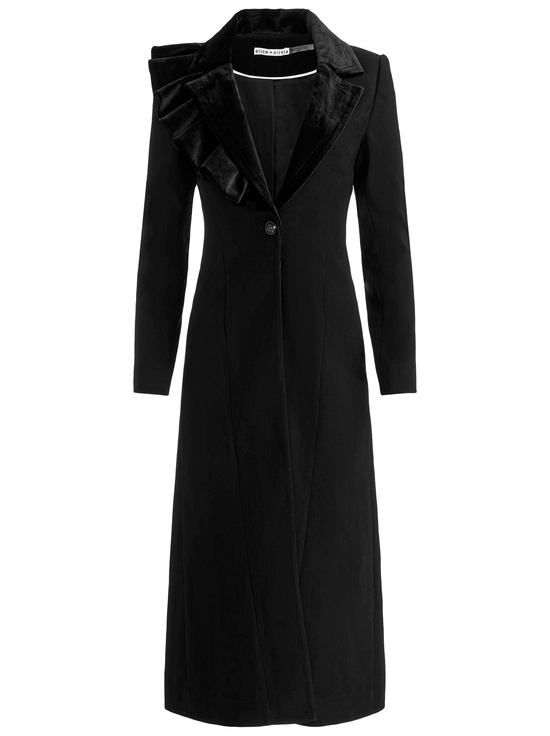 BLACK-FAIE SLIM RUFFLE MAXI BLAZER