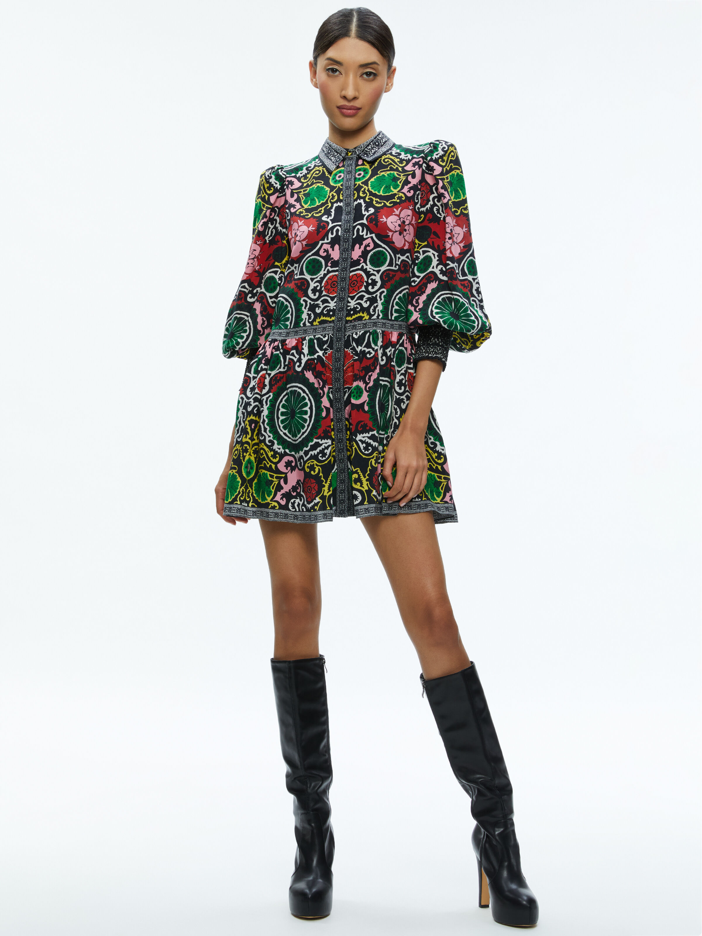 【Alice+Olivia】BERTHA 花柄 ミニ丈 シャツドレス ワンピース Bertha Blouson Sleeve Mini Dress In Monarch Black Small