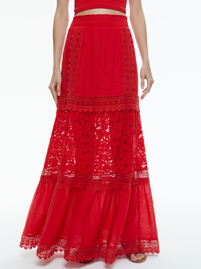 REISE EMBROIDERED TIERED MAXI SKIRT - BRIGHT RUBY - Alice And Olivia
