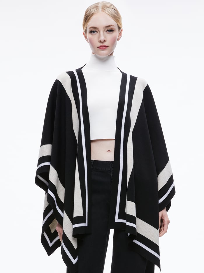 KAMALA STRIPE PONCHO - BLACK/ECRU/LATTE - Alice And Olivia