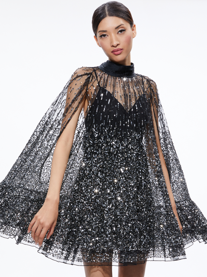 ZENON CAPE MINI DRESS - BLACK/SILVER image 2 - Alice And Olivia