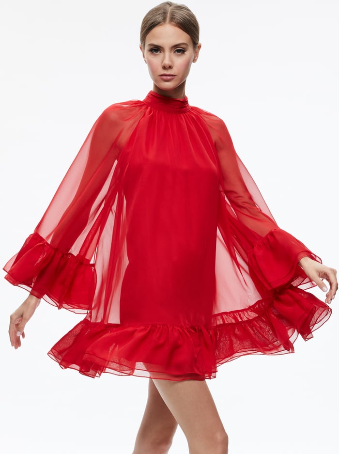 ERNA MOCK NECK CAPE SLEEVE MINI DRESS - PERFECT RUBY image 2 - Alice And Olivia