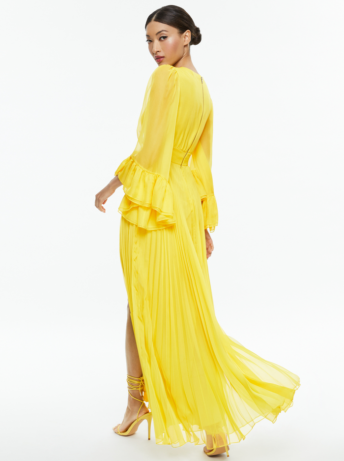 SELENE DEEP V NECK PLEATED MAXI DRESS - HAPPY YELLOW image 2 - Alice And Olivia