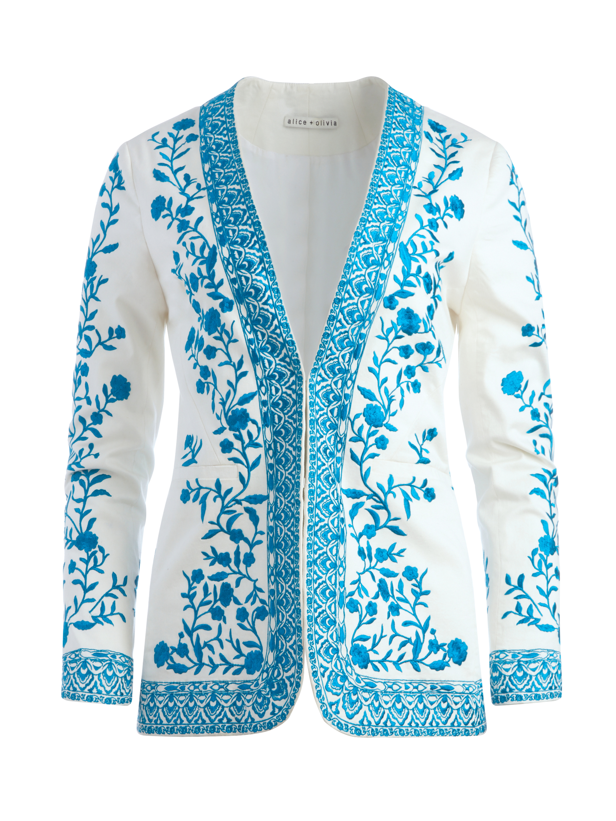 Chriselle Embroidered Blazer In Off White/ocean Blue | Alice And Olivia