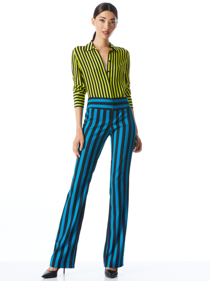 Willa French Cuff Placket Top In Classic Stripe Sm Citron | Alice + Olivia