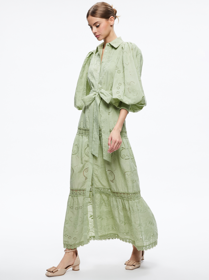LILLY COLLARED EYELET MIDI DRESS - GREEN TEA image 4 - Alice And Olivia