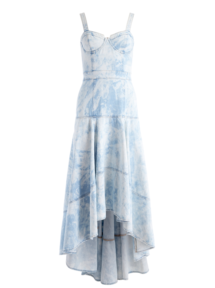 DONELLA DENIM BUSTIER HIGH LOW DRESS - SPARKY INDIGO BLEACH TIE DYE image 5 - Alice And Olivia