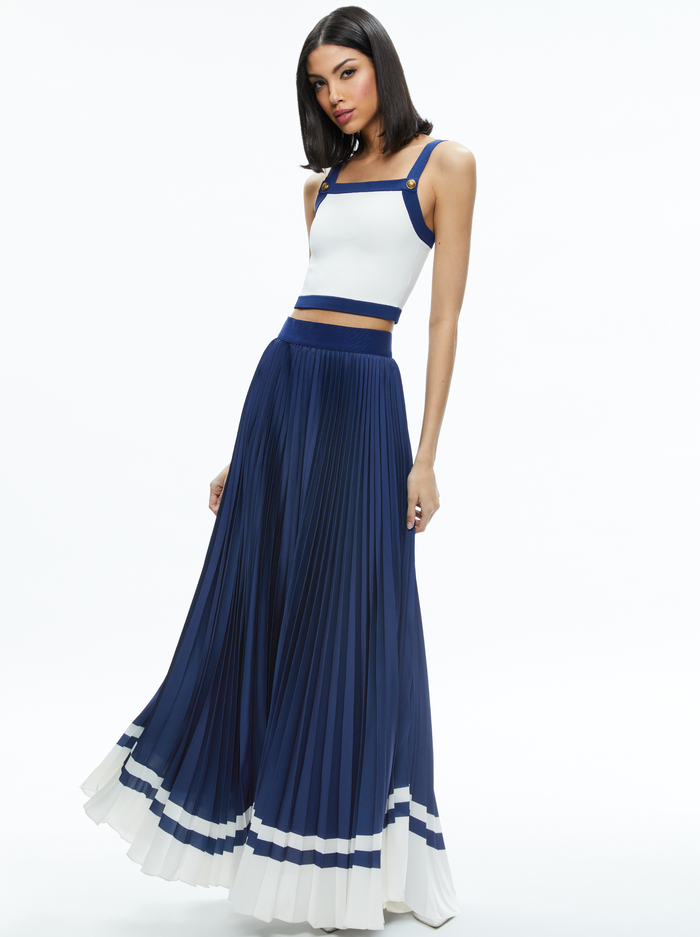 KATZ PLEATED MAXI SKIRT - INDIGO/OFF WHITE image 1 - Alice And Olivia