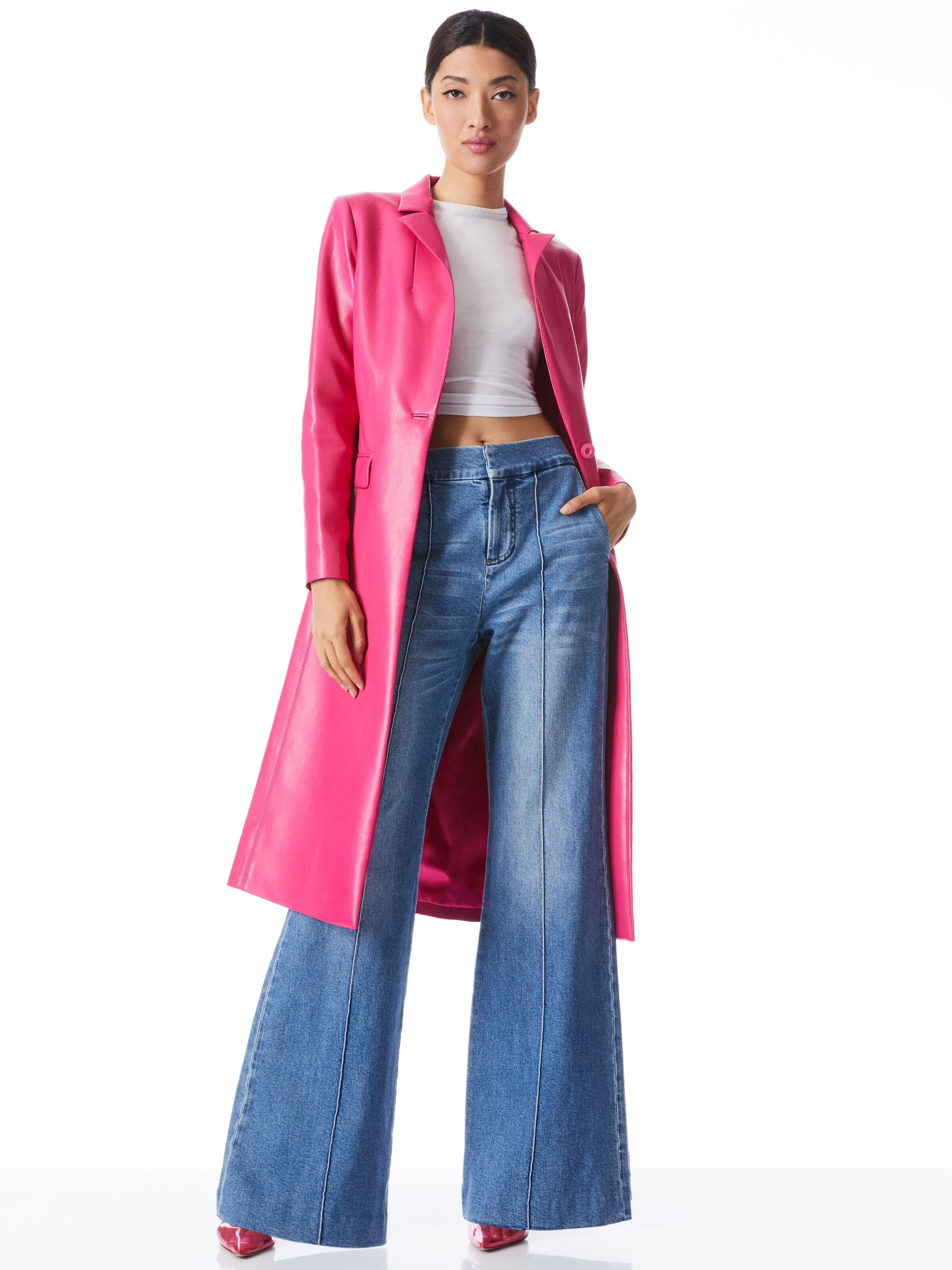 Macey Vegan Leather Notch Collar Long Blazer In Wild Pink Alice Olivia