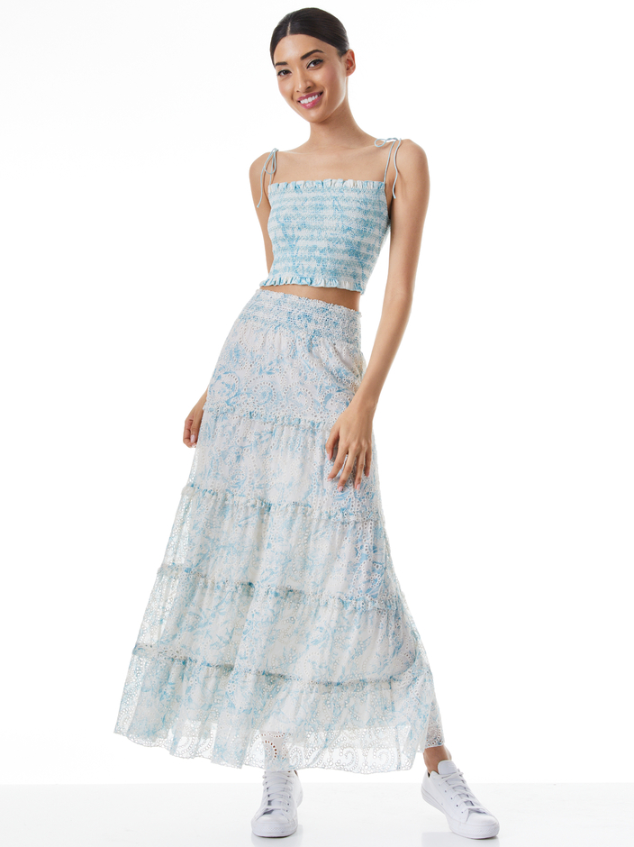 KATHLYN SMOCKED BODICE SPAGHETTI STRAP TOP + AISHA PANEL RUFFLED MAXI SKIRT - 