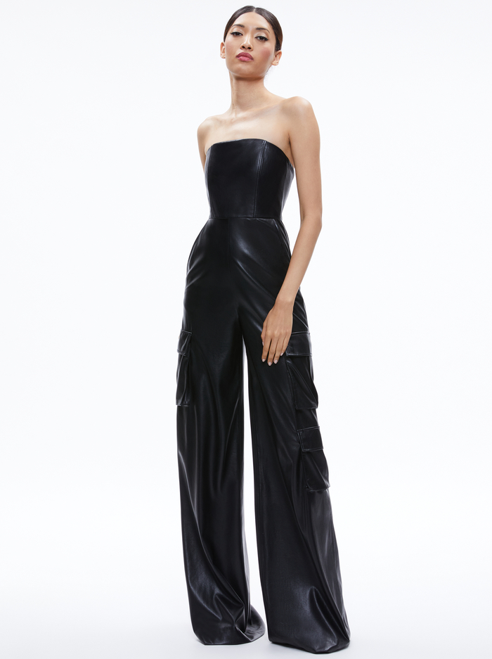 EMELDA CARGO VEGAN LEATHER JUMPSUIT - BLACK - Alice And Olivia