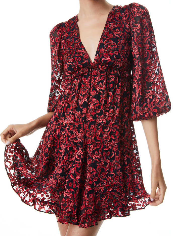 BRIAR BLOUSON SLEEVE MINI DRESS - UPSTATE SCROLL DEEP RUBY image 3 - ALICE + OLIVIA