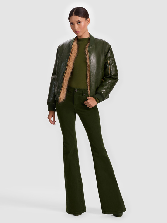 DARK OLIVE/CAMEL-BECKY REVERSIBLE FAUX FUR BOMBER JACKET