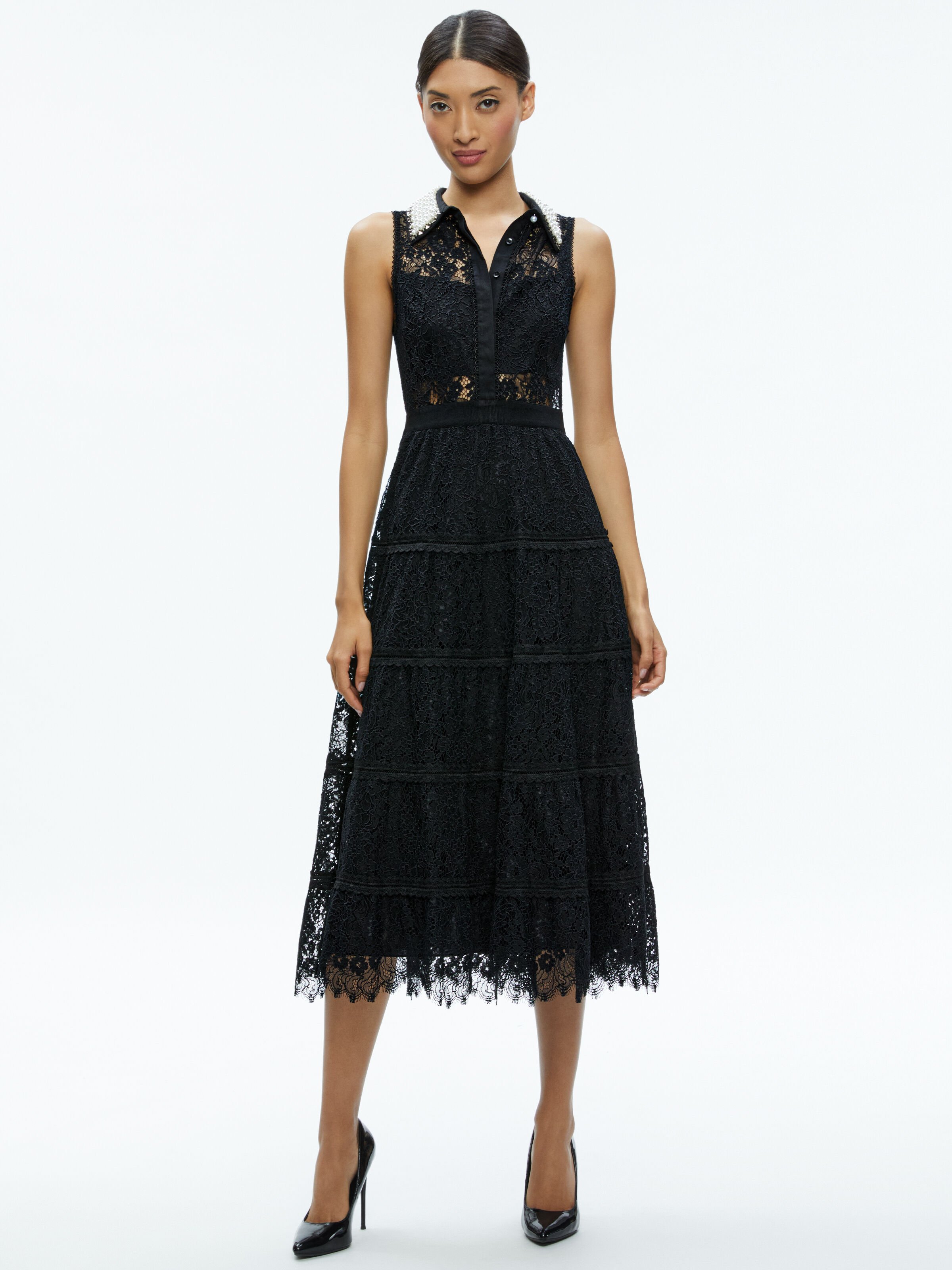 Anaya Embellished Collar Lace Midi Dress In Black Alice Olivia