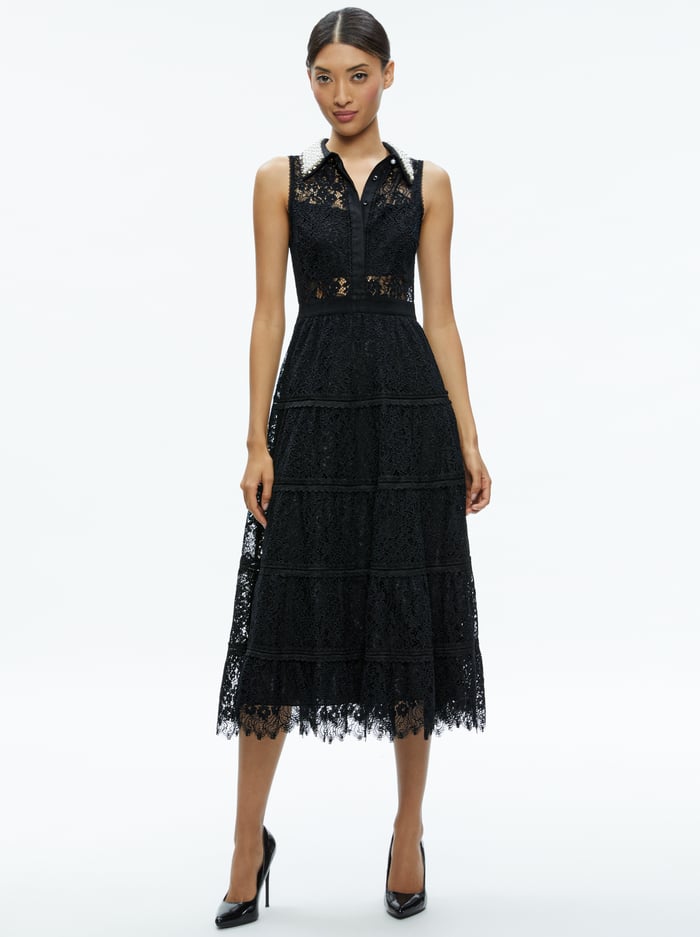 ANAYA EMBELLISHED COLLAR LACE MIDI DRESS - BLACK - Alice And Olivia