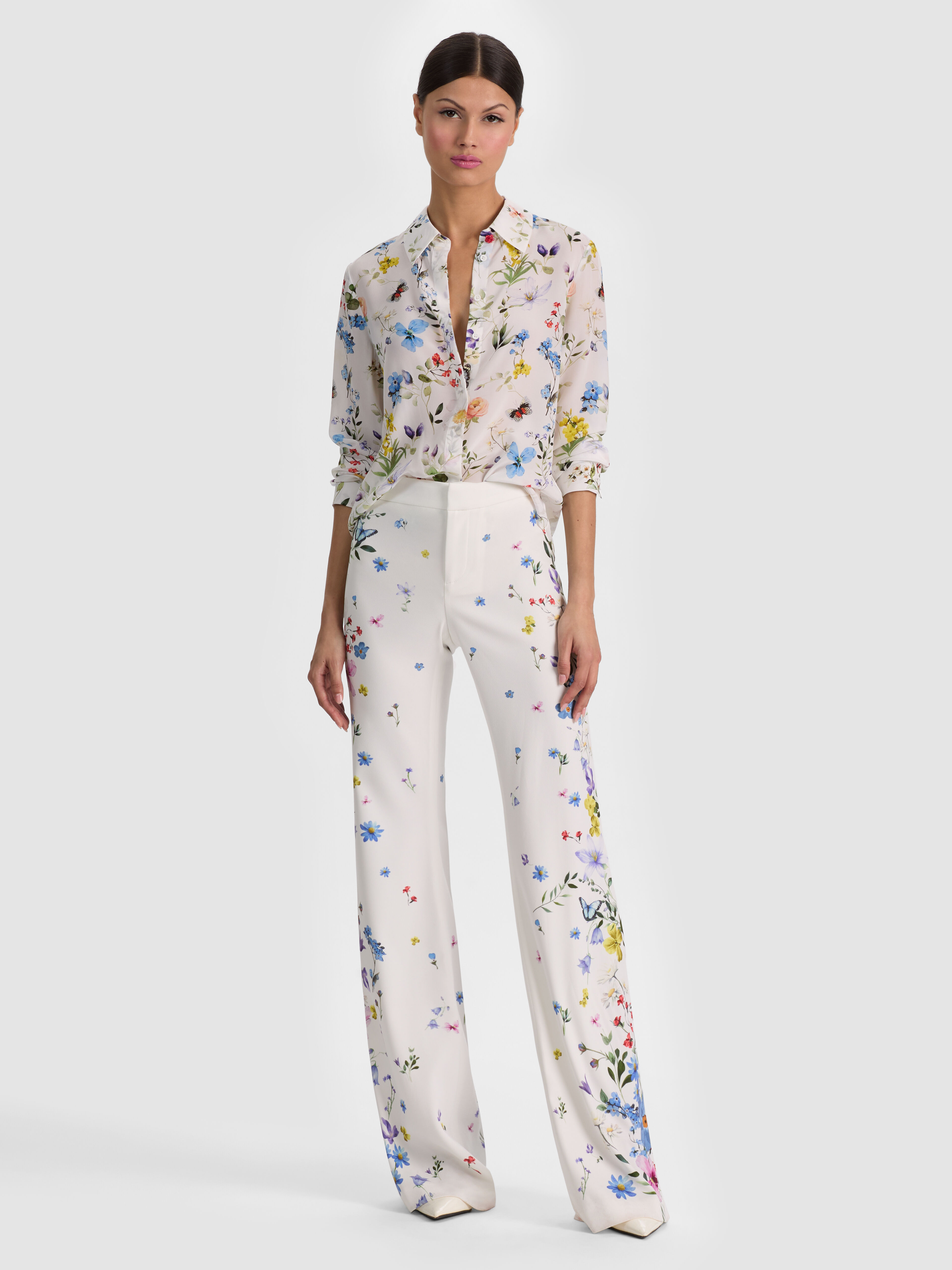 POLLY FLARED MIDI DRESS in TWISTING VINES OFF WHITE | ALICE + OLIVIA