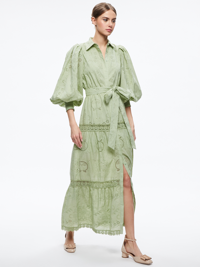 LILLY COLLARED EYELET MIDI DRESS - GREEN TEA image 2 - Alice And Olivia