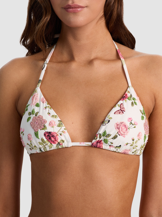 GARDEN GOSSIP OFF WHITE-A+O X PQ SWIM EMBROIDERED TRIANGLE BIKINI TOP