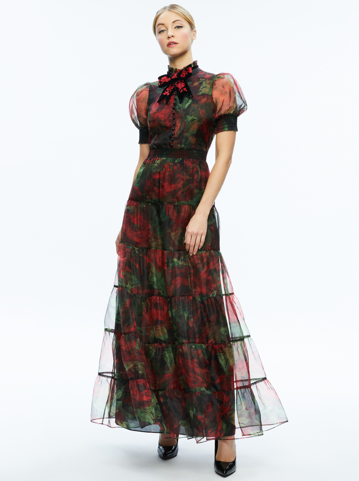 COLETTA BOW NECK BUTTON FRONT MAXI DRESS - CLOUD FLORAL BORDEAUX LG image 2 - Alice And Olivia
