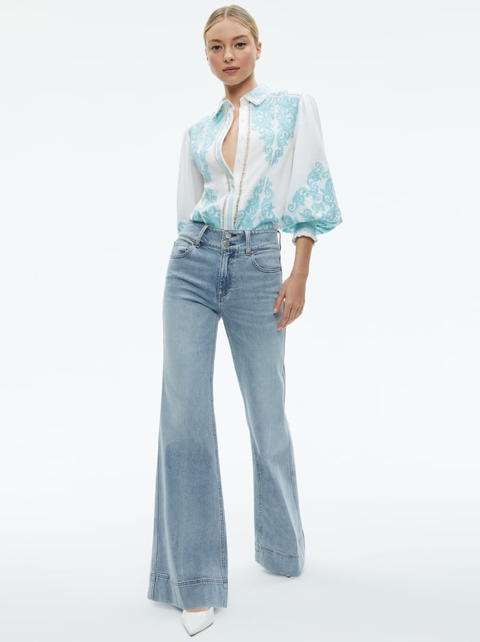LORYN EMBROIDERED BUTTON DOWN BLOUSE - OFF WHITE/SPRING SKY image 4 - Alice And Olivia