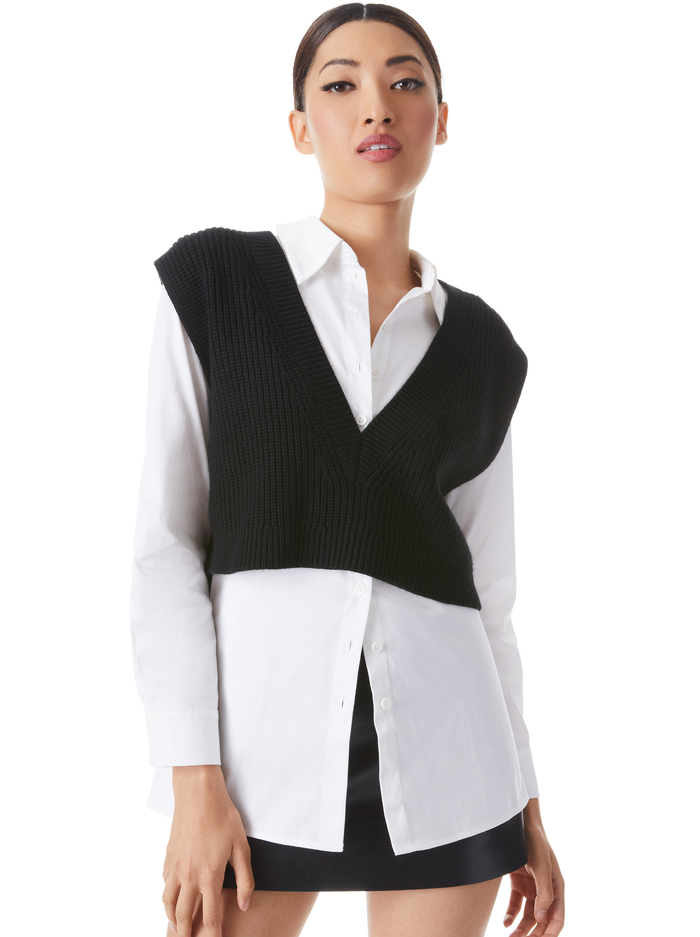 ORLY SWEATER VEST COMBINATION TOP - BLACK COMBO - Alice And Olivia