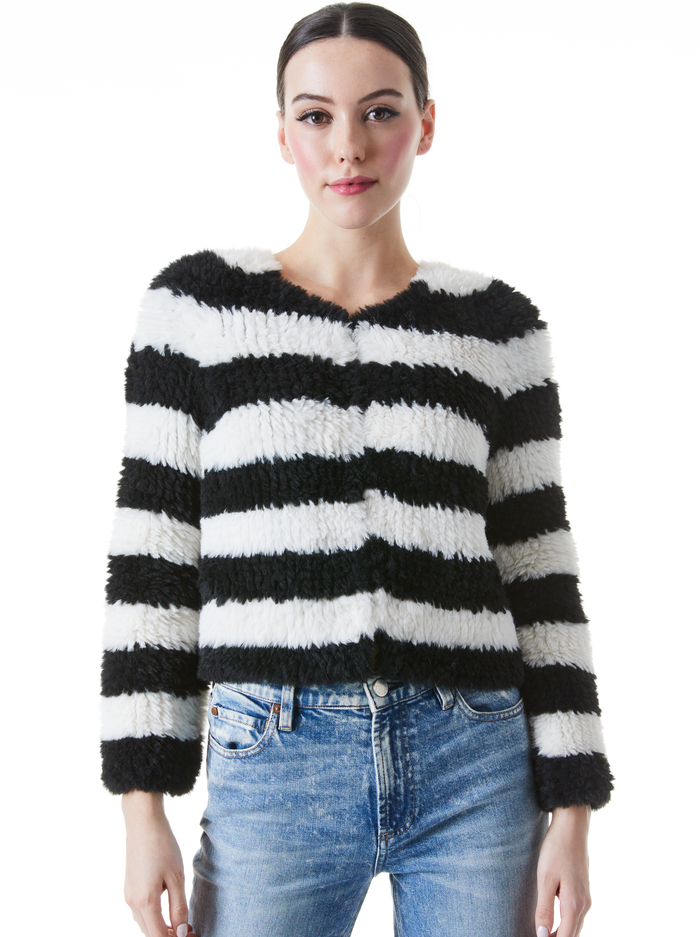 FAWN FAUX FUR STRIPED JACKET - BLACK/SOFT WHITE - Alice And Olivia