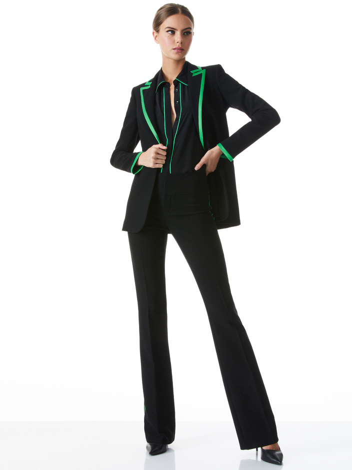 BREANN LONG FITTED BLAZER WITH PIPING + WILLA PIPED PLACKET TOP + OLIVIA BOOTCUT PANT - 