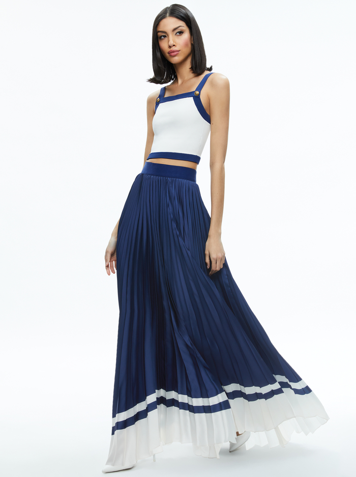 KATZ PLEATED MAXI SKIRT - INDIGO/OFF WHITE image 4 - Alice And Olivia