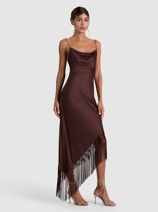 DARK CHOCOLATE-HARMONY ASYMMETRICAL FRINGE MAXI DRESS