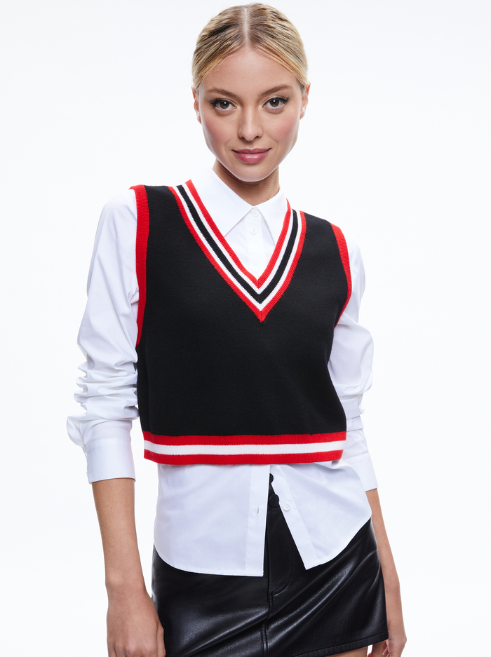 ORLY SWEATER VEST COMBINATION TOP - BLACK/PERFECT RUBY - Alice And Olivia